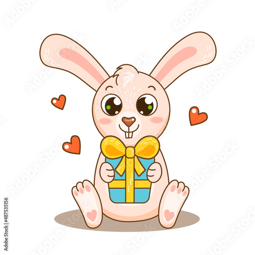 Funny pink baby rabbit hold a present for greeting holidays with hearts. Vector illustration for design, kids poster, print. Funny comic carttoon bunny with gift show love.