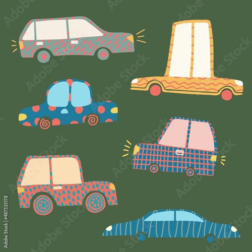 Set with hand drawn cars and abstract dots in cute childish style. Perfect for cards, poster, nursery decoration.