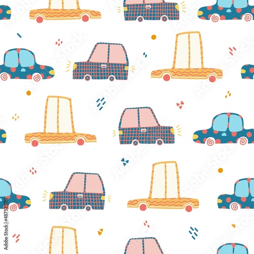 Seamless pattern with hand drawn cars and abstract dots in cute childish style. Cartoon background for Kids.