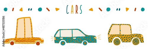 Set with hand drawn cars and abstract dots in cute childish style. Perfect for cards, poster, nursery decoration.