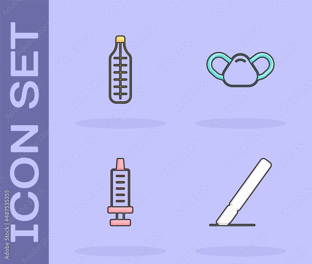 Set Surgery scalpel, Medical thermometer, Syringe and protective mask icon. Vector