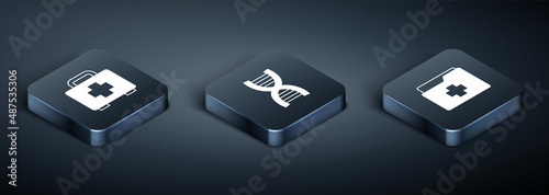 Set Isometric First aid kit, Patient record and DNA symbol icon. Vector