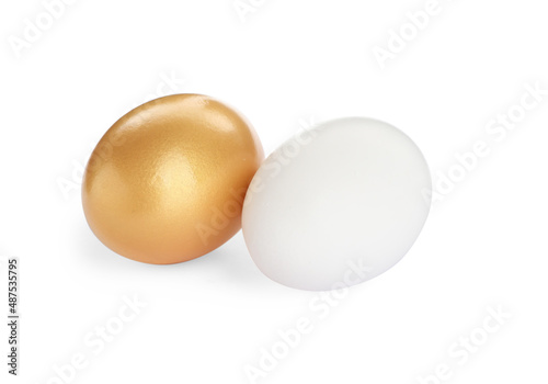 Golden egg and ordinary one on white background