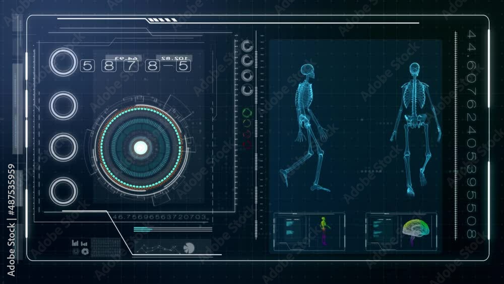 4k motion graphic footage of human skeleton with futuristic user interface