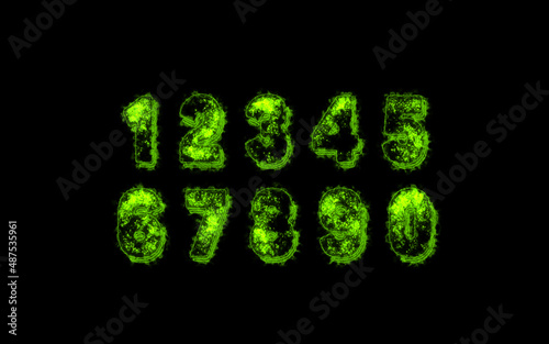 Set of Green Energy Numbers With Green Flames and Smoke isolated on black. Motion Monster Number effect .