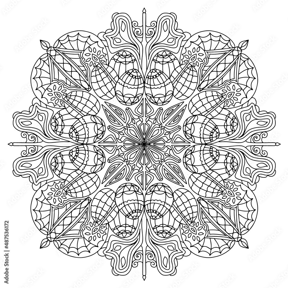 Fototapeta premium Circle of spring-summer ornament of doodles Easter eggs basket of flowers. A hand-drawn mandala with a black and white outline of flowers and leaves. Coloring template for adults and children.