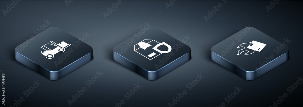 Set Isometric Forklift truck, Carton cardboard box and Delivery security with shield icon. Vector Set Isometric Forklift truck, Carton cardboard box and Delivery security with shield icon. Vector