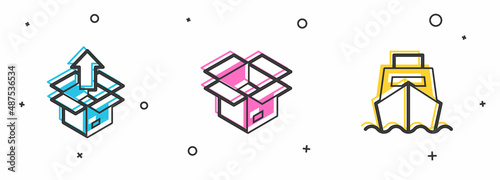 Set Unboxing, and Cargo ship with boxes delivery icon. Vector