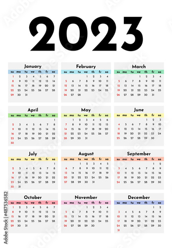 Calendar for 2023 isolated on a white background