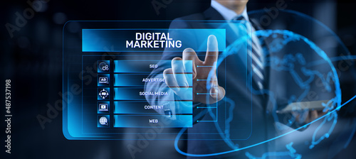 DIgital marketing online internet SEO SEM SMM. Businessman pressing button on screen. photo