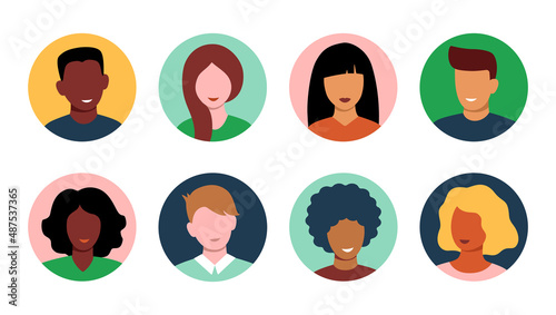 Men and Women faces. Set of user profiles. Colorful portraits of people of different races. Male and female avatars in a circle. Vector icons with smiling persons. Flat cartoon illustration. Isolated.