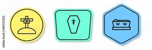 Set line Grave with cross, Coffin and dead. Colored shapes. Vector