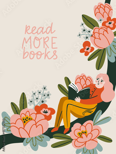 Poster about love to reading. Vector cute illustration with young woman reading a book. Lettering - Read more books. 