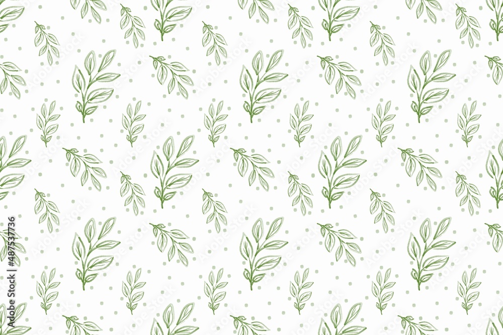 Seamless flowers green pattern with floral branches and leaves. Hand drawing illustration in wintage style