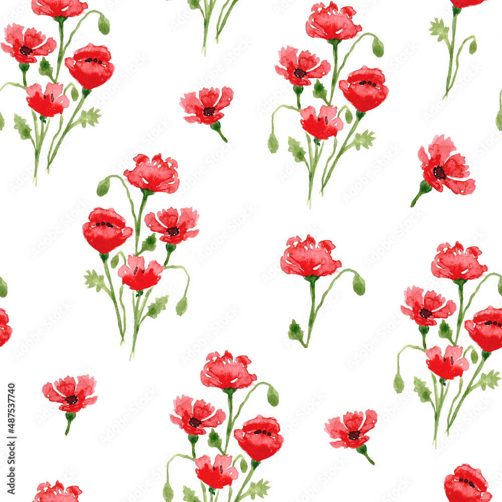 Watercolor poppies. Seamless pattern with red poppies. Wildflowers.