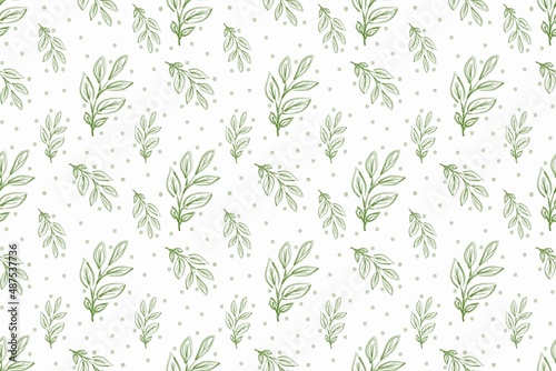 Seamless flowers green pattern with floral branches and leaves. Hand drawing illustration in wintage style