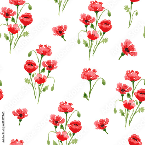 Watercolor poppies. Seamless pattern with red poppies. Wildflowers.