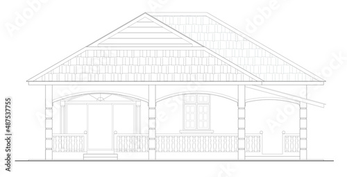 
2D CAD single storey house external elevation drawing complete with facade decoration, window and door.  Drawing produced in black and white. 
