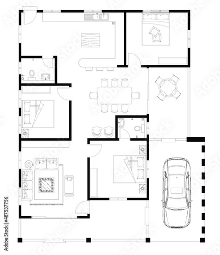 2D CAD house layout plan drawing with 3 bedrooms complete with 2 bathrooms, balcony, furniture, kitchen, living room porch and furniture. Drawing produced in black and white. 