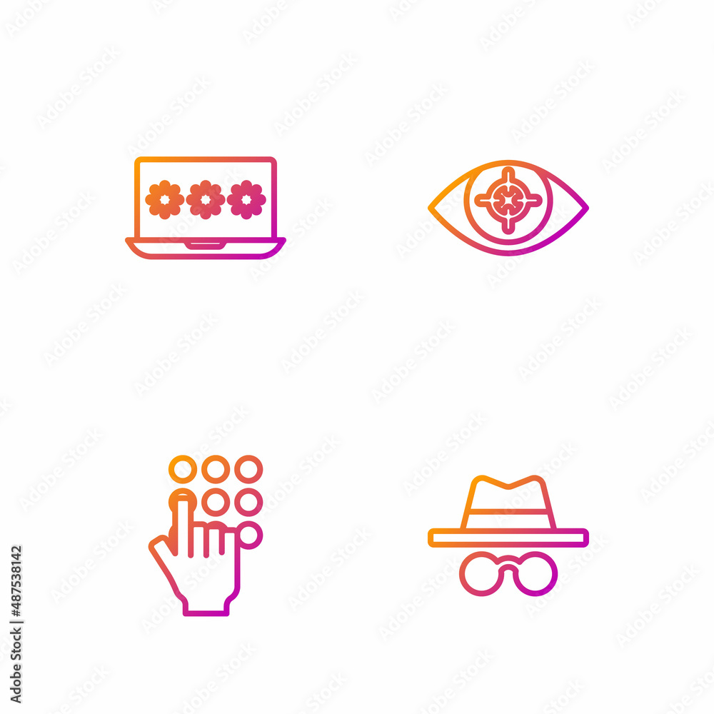 Set line Incognito mode, Password protection, Laptop with password and Eye scan. Gradient color icons. Vector Set line Incognito mode, Password protection, Laptop with password and Eye scan. Gradient color icons. Vector