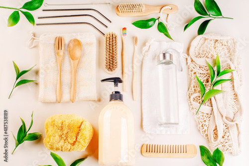 Life without Plastic concept.Items for hygiene and face and body care made of eco-friendly materials.Personal care products made from natural materials.Flat lay of personal care zero waste supplies.