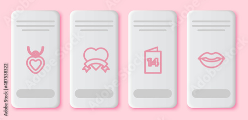 Set line Necklace with heart shaped, Heart, Greeting card and Smiling lips. White rectangle button. Vector