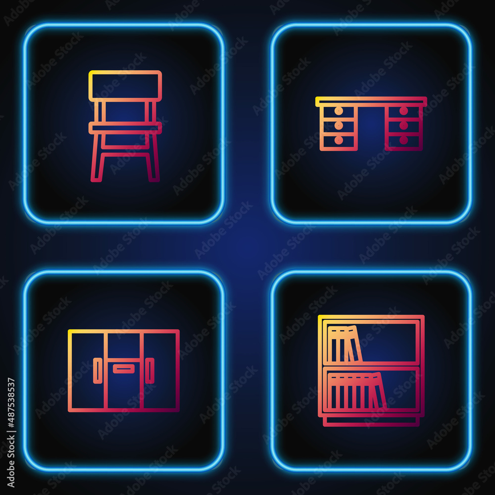 Set line Library bookshelf, Wardrobe, Chair and Office desk. Gradient color icons. Vector Set line Library bookshelf, Wardrobe, Chair and Office desk. Gradient color icons. Vector