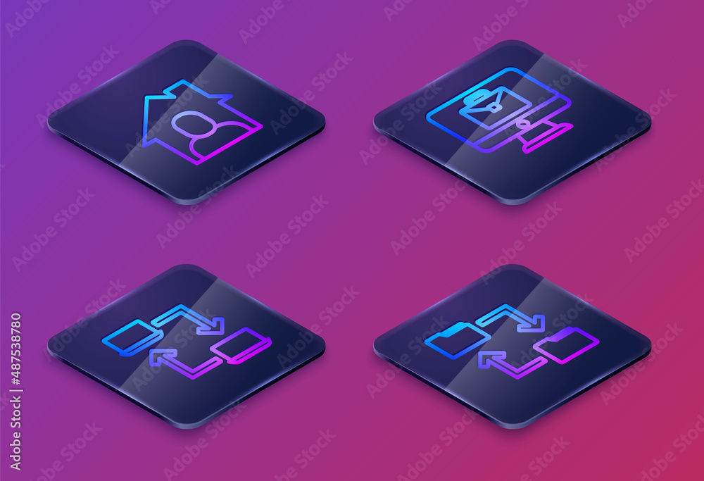 Set Isometric line Online working, , and Cloud storage document folder. Blue square button. Vector Set Isometric line Online working, , and Cloud storage document folder. Blue square button. Vector