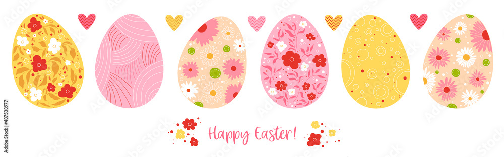 Set of Easter eggs with different flowers ornament on a white. Festive greeting card with colored eggs in pastel colors Happy Easter. Spring holidays or egghunting decoration. Vector illustration Set of Easter eggs with different flowers ornament on a white. Festive greeting card with colored eggs in pastel colors Happy Easter. Spring holidays or egghunting decoration. Vector illustration