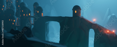 Fotografía Night scene of the underground kingdom, glowing yellow windows