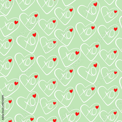 Vector seamless love symbol half-drop pattern, with stylish hearts and xoxo (hugs and kisses) phrase 