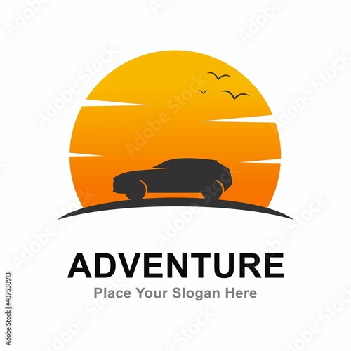 Car with sunset background vector logo template. Suitable for business, web, adventure and nature