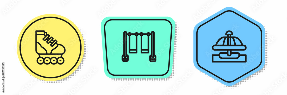 Set line Roller skate, Double swing and Attraction carousel. Colored shapes. Vector Set line Roller skate, Double swing and Attraction carousel. Colored shapes. Vector