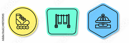 Set line Roller skate, Double swing and Attraction carousel. Colored shapes. Vector