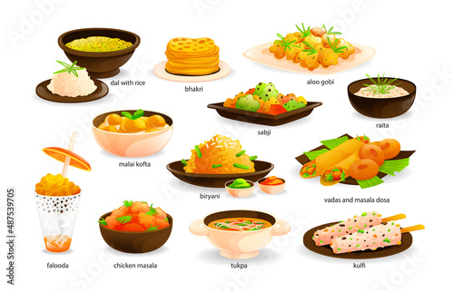 Indian cuisine traditional food set. India dishes menu restaurant breakfast dinner