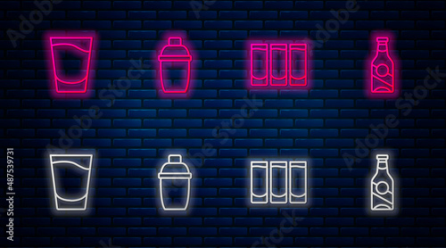 Set line Cocktail shaker, Shot glass, and Beer bottle. Glowing neon icon on brick wall. Vector