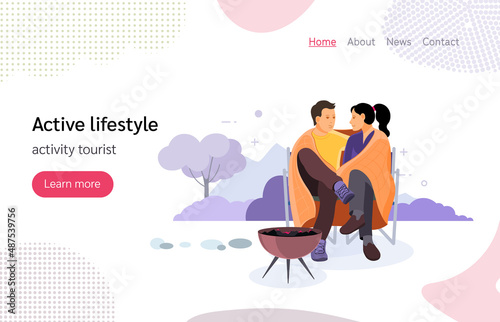 Tourists people group couple hiking vector landing page