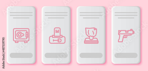 Set line Safe, Grave with tombstone, Kidnaping and Pistol or gun. White rectangle button. Vector