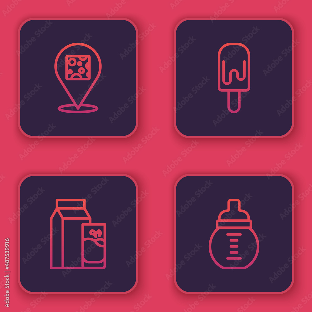Set line Cheese, Paper package for kefir, Ice cream and Baby milk in bottle. Blue square button. Vector Set line Cheese, Paper package for kefir, Ice cream and Baby milk in bottle. Blue square button. Vector