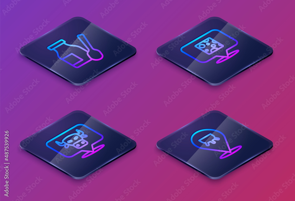 Set Isometric line Drinking yogurt in bottle, Cow head, Cheese and Udder. Blue square button. Vector Set Isometric line Drinking yogurt in bottle, Cow head, Cheese and Udder. Blue square button. Vector