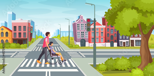 City road with crossroads traffic lights. Man walking with girl in wheelchair road at crossroads.