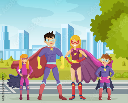Superheroes smiling parents and their children stand showing muscles