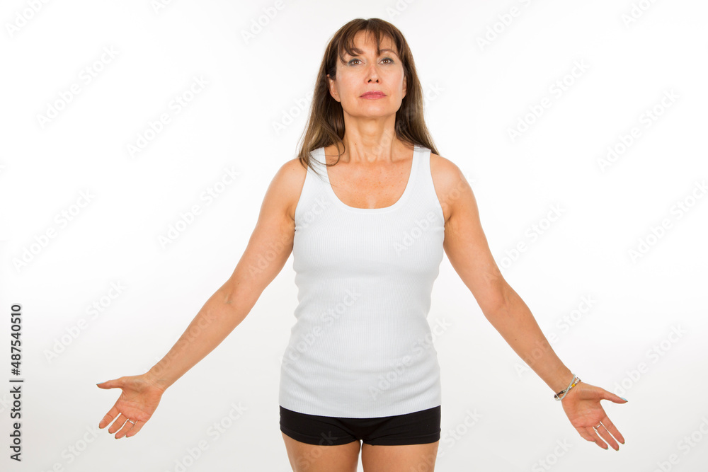 portrait adult caucasian woman meditating with open eyes on white background portrait adult caucasian woman meditating with open eyes on white background