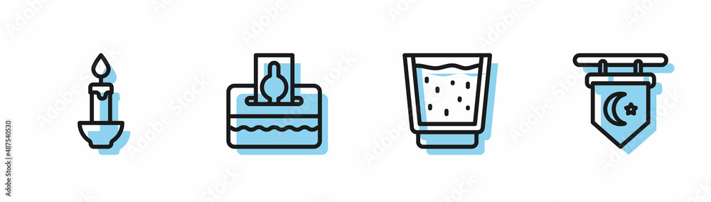 Set line Glass with water, Burning candle, Donate or pay your zakat and Star crescent icon. Vector Set line Glass with water, Burning candle, Donate or pay your zakat and Star crescent icon. Vector