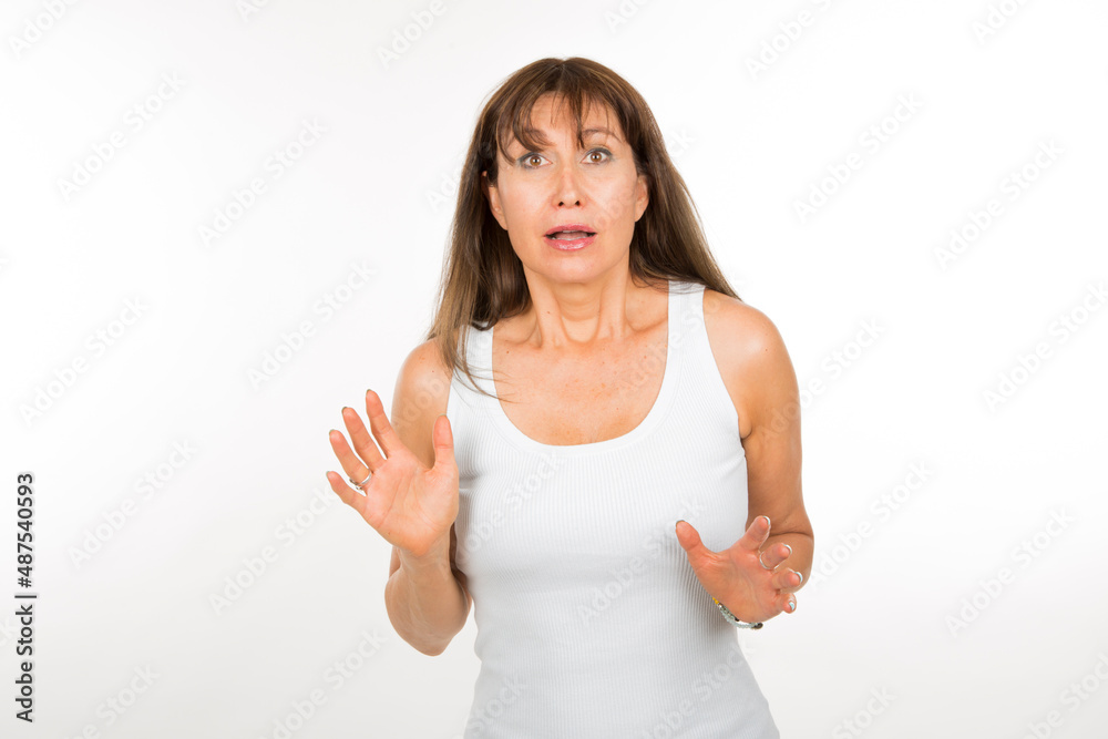 Fototapeta premium portrait adult Caucasian woman with surprised expression on white background