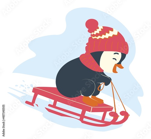 Funny penguin sledding. Christmas penguin ride on a sleigh illustration