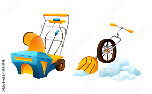 Manual scraper and snow blower cleaning snow after a snowfall