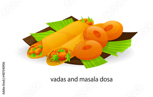 Traditional indian dish donuts and tubes with sauces vada masala dosa