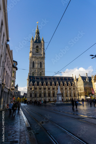Fototapeta Naklejka Na Ścianę i Meble -  Church of Ghent, seen from the central square, with the tram tracks
