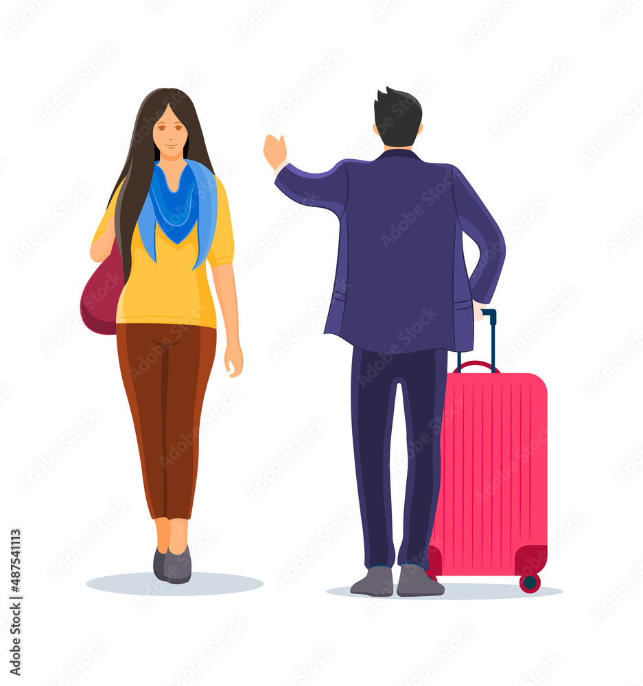 Passengers man and woman waiting to arrival and departure with luggage, bags Passengers man and woman waiting to arrival and departure with luggage, bags